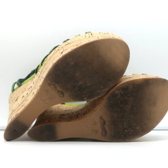 Louis Vuitton Summertime Cork Wedge Sandals Green Patent Leather Size 37.5 - Picture 11 of 12